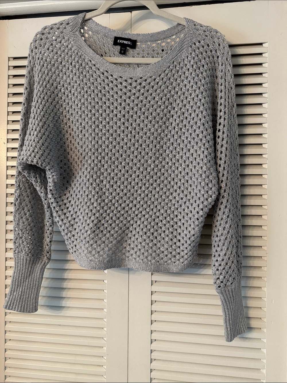Express Light Gray Open-Weave Crewneck Sweater